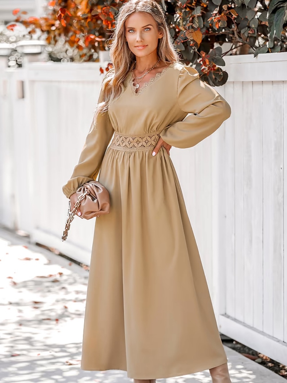 Cupshe Lace-Trim Puff Sleeve Maxi Dress in Camel